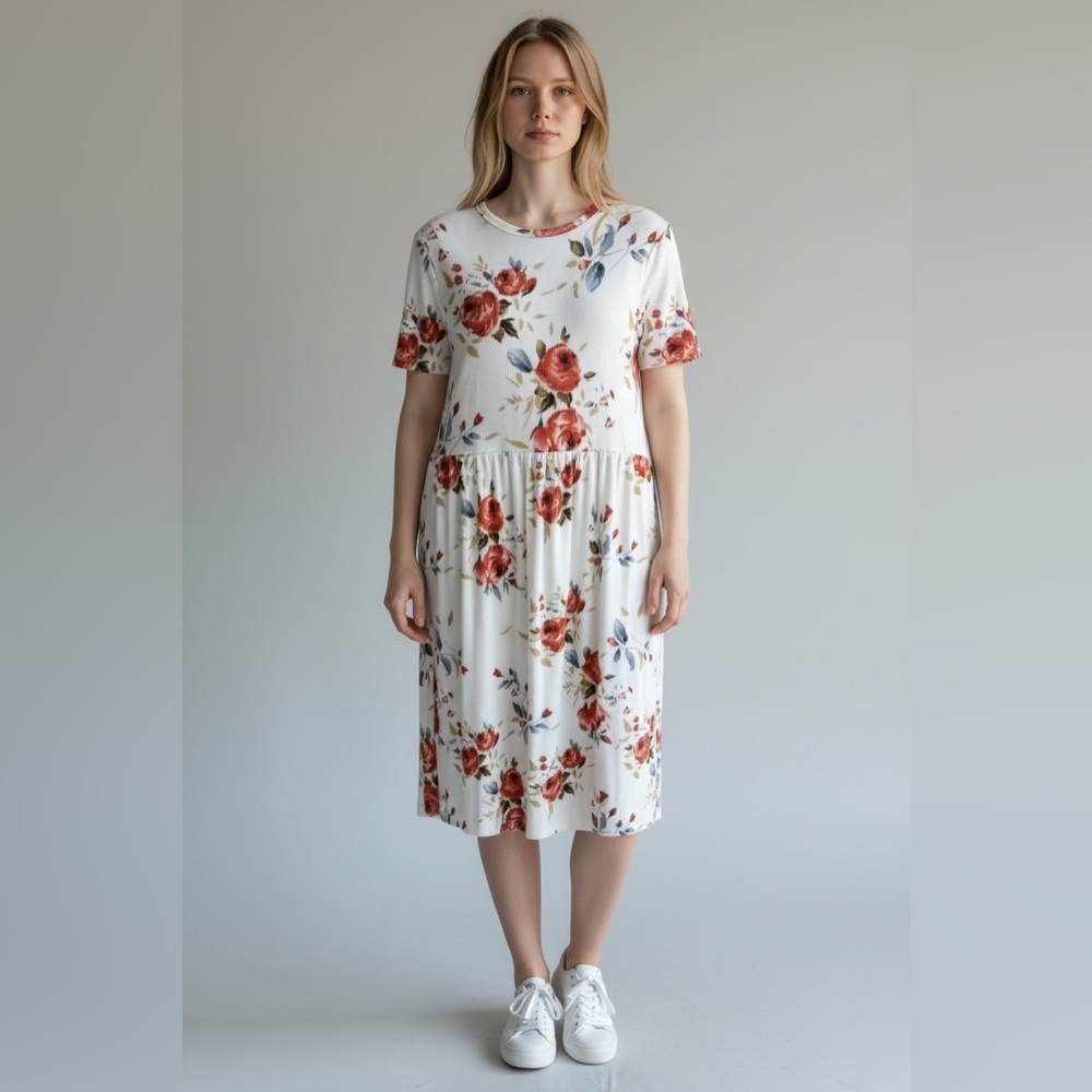 Womens Floral Dress Size 3XL Plus Midi Relax Fit Short Sleeve